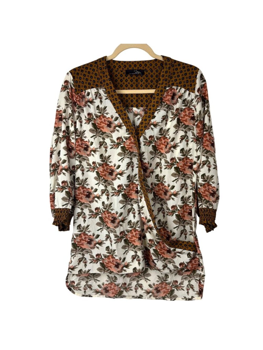 ✨3/$30Suzanne Betro M  Floral Top Blouse With Geometric Contrast Multicolor